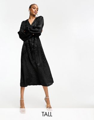 Черное жаккардовое платье миди с запахом и объемными рукавами JDY Tall JDY Tall