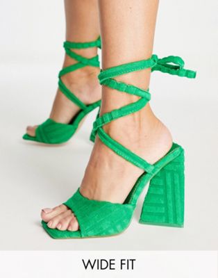 Public Desire Wide Fit Mojito tie up block heel sandals in green towelling Public Desire Wide Fit
