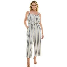 Juniors' Plus Size Lily Rose Striped Sleeveless Button Front Squareneck Jumpsuit Lily Rose