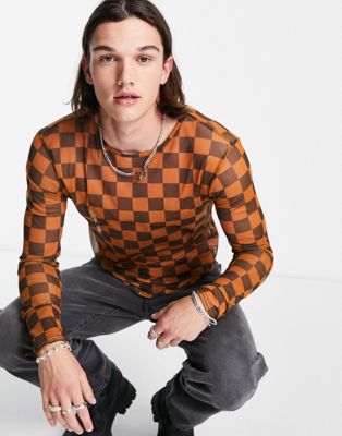 2-Minds sheer mesh t-shirt in brown and orange check 2-Minds