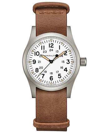 Мужские швейцарские механические часы цвета хаки с коричневым кожаным ремешком 38 мм Hamilton