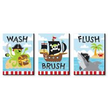 Big Dot of Happiness Pirate Ship Adventures - Skull Birthday Kids Bathroom Rules Wall Art - 7.5 x 10 inches - Set of 3 Signs - Wash, Brush, Flush Big Dot of Happiness
