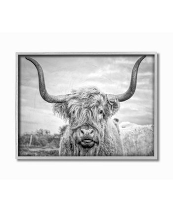 Черно-белая фотография коровы Хайленд, текстурированное искусство в серой рамке, 16 дюймов (Д) x 20 дюймов (В) Stupell Industries
