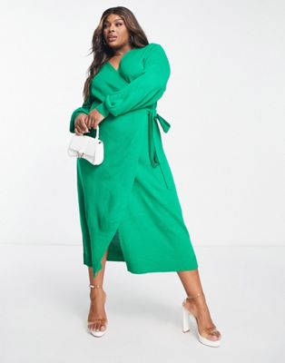 Pretty Lavish Curve Beau wrap knit dress with tie waist in emerald Pretty Lavish Curve