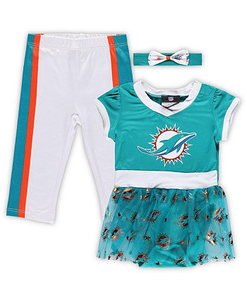 Боди для девочек-младенцев Aqua Miami Dolphins Tailgate Game Day с пачкой, повязкой на голову и леггинсами, комплект болельщиков Jerry Leigh