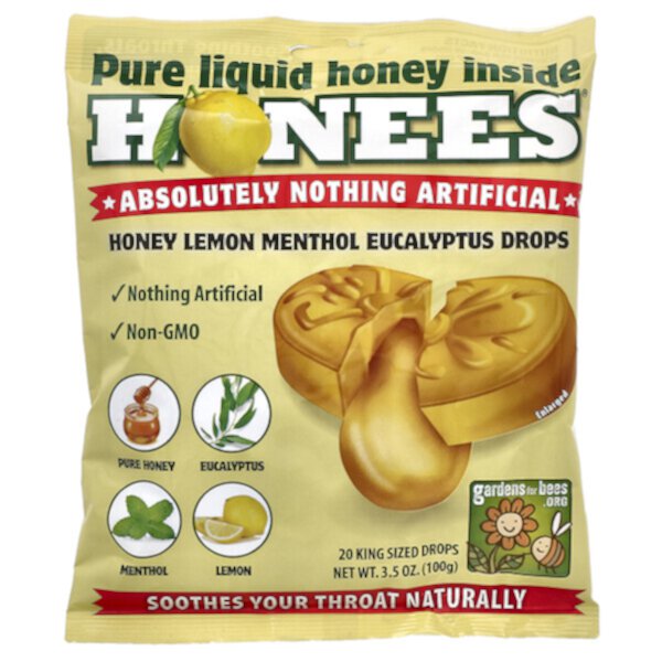 Лекарства от кашля с медом, лимоном, ментолом и эвкалиптом, 20 капель большого размера, 3,5 унции (100 г) Honees