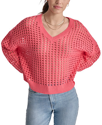 Женский хлопковый свитер с v-образным вырезом и открытой строчкой DKNY