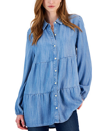 Многоуровневая женская рубашка из шамбре на пуговицах с длинными рукавами, созданная для Macy's Style & Co
