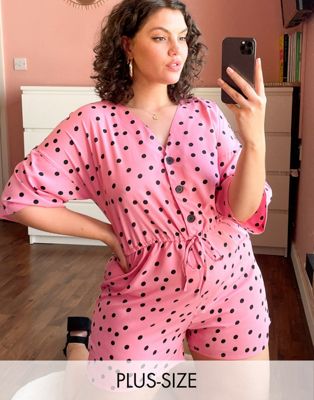 Wednesday's Girl Curve relaxed romper with drawstring waist in scattered polka dot Wednesday's Girl Curve