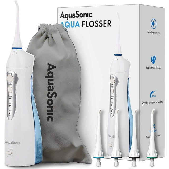 AquaSonic Lightweight Cordless Water Flosser Set, Rechargeable Portable Oral Irrigator, Dental Teeth Cleaner 4 Tips, 3 Modes, Waterproof - White AQUASONIC