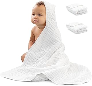 Comfy Cubs 2 Pack Baby Hooded 9 Layer Muslin Cotton Towel for Kids, Large 32” x 32”, Ultra Soft, Warm, and Absorbent. Baby Essentials Bath Towels, Cute Unisex Cover for Girls and Boys (2 Pack, White) Comfy Cubs