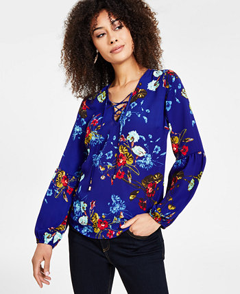 Женская блузка с v-образным вырезом на шнуровке и принтом, созданная для Macy's I.N.C. International Concepts
