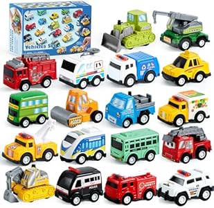 JOYIN 18 Pcs Pull Back City Cars and Trucks Toy Vehicles Set, Friction Powered Cars Toys for Toddlers, Boys, Girls’ Educational Play, Goodie Bags Stuffers JOYIN