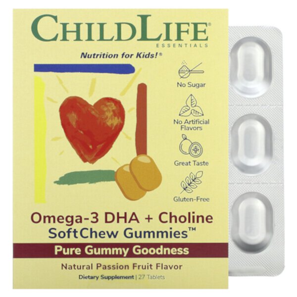 Omega-3 DHA + холин SoftMelts, натуральный вкус маракуйи, 27 таблеток ChildLife Essentials