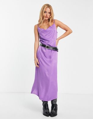 Фиолетовое атласное платье-комбинация макси Only с воротником-хомутом ONLY