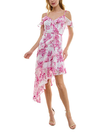 Juniors' Floral Jacquard Print Asymmetric Ruffled Dress BCX