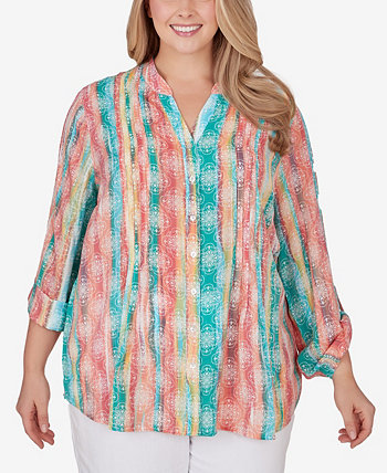 Plus Size Woven Silky Gauze Stripe Button Front Top Ruby Rd.