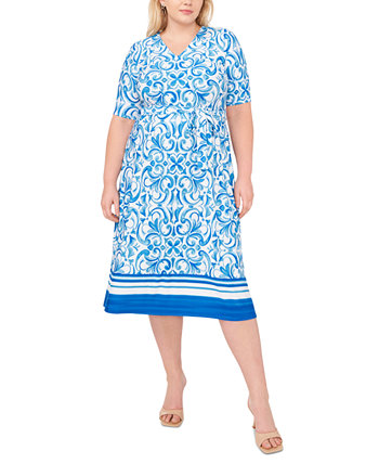 Plus Size Printed Border-Trim V-Neck Midi Dress MSK