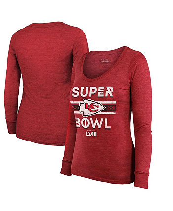 Женская красная футболка Kansas City Chiefs Super Bowl LVIII Make It Happen Tri-Blend с длинными рукавами и круглым вырезом Majestic