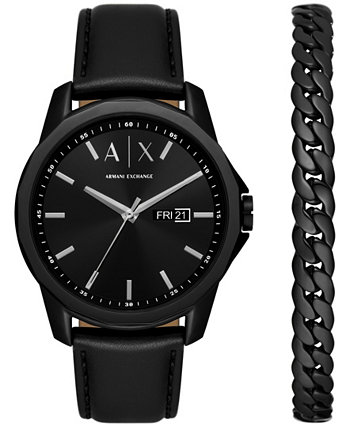 Мужские кварцевые часы Day-Date с тремя стрелками, черные кожаные часы 44 мм и черный браслет из нержавеющей стали Armani