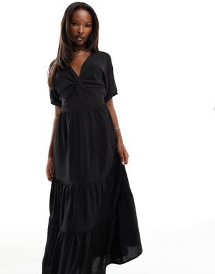 Черное платье средней длины из поплина с объемными рукавами и завязками на спине по подолу AX Paris AX Paris