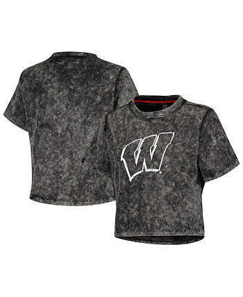 Женская черная рваная укороченная футболка из молочного шелка с эффектом потертости Wisconsin Badgers в винтажном стиле Kadyluxe