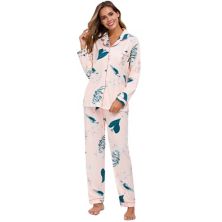Women's Pajama Set Soft Satin Silky Floral Printed Button Down Shirt and Pants Sleepwear 2pcs Cheibear