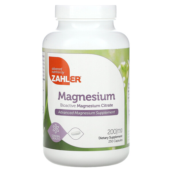 Magnesium, Биоактивный цитрат магния, 200 мг, 250 капсул Zahler
