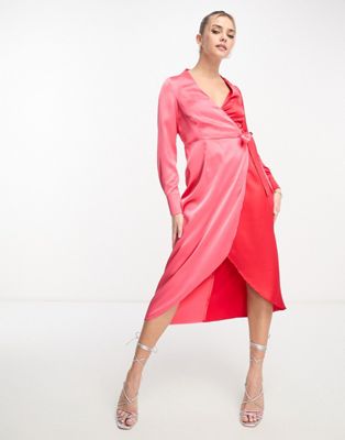 Красное и розовое платье миди с запахом и запахом Style Cheat Style Cheat