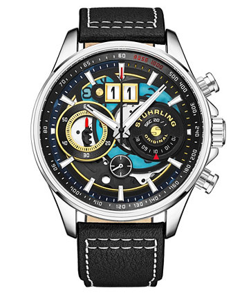 Мужские кварцевые часы с черным ремешком из натуральной кожи 45 мм Stuhrling