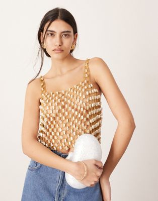 ASOS EDITION embellished pearl and chain sleeveless crop top in gold ASOS EDITION