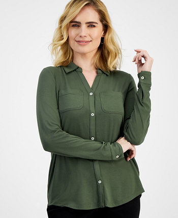 Миниатюрная трикотажная рубашка с длинными рукавами и пуговицами спереди, созданная для Macy's Style & Co