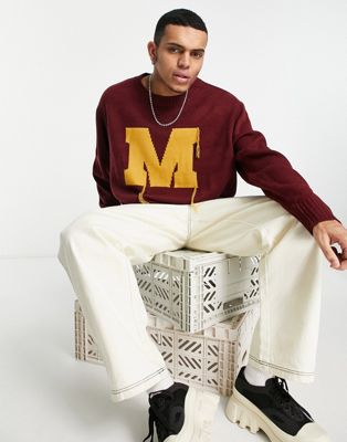 Mennace varsity knitted sweater in burgundy with rust embroidery Mennace