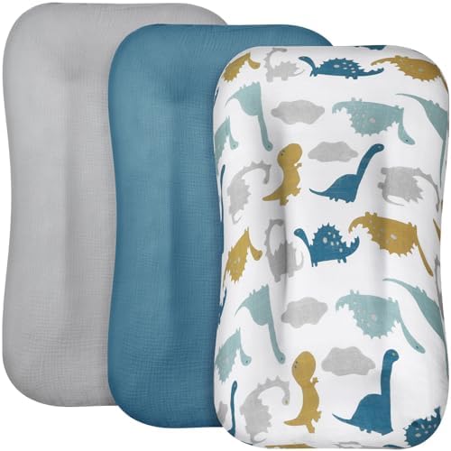 3 Pcs Muslin Baby Lounger Cover Organic Cotton Infant Snuggle Me Cover for Newborn Boy and Girl (Blue, Grey, White,Dinosaur) Newwiee