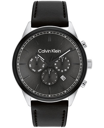 Мужские многофункциональные часы с черным кожаным ремешком, 44 мм Calvin Klein