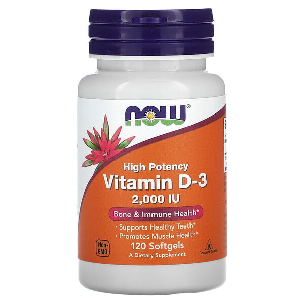 Витамин D-3, 50 мкг (2000 МЕ), 120 мягких таблеток NOW Foods