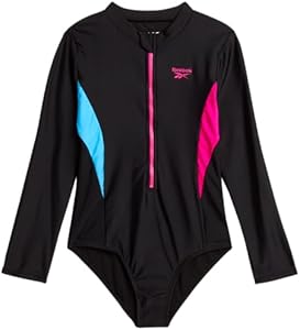 Reebok Girls' Rash Guard Bathing Suit - UPF 50+ Quarter Zip Long Sleeve One Piece Bathing Suit - Monokini for Girls (7-12) Reebok