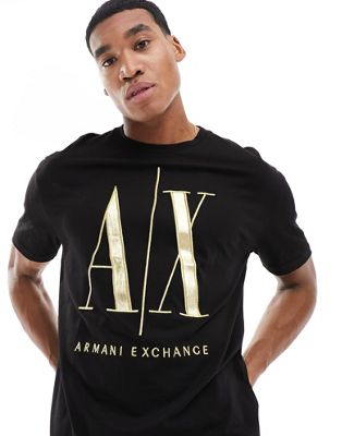 Черная футболка с большим золотым логотипом Armani Exchange AX ARMANI EXCHANGE