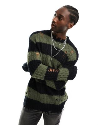 Вязаный свитер с круглым вырезом AllSaints Sid в черно-зеленую полоску AllSaints