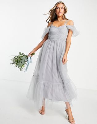 Lace & Beads Bridesmaid Alicia cross back tulle dress in blue LACE & BEADS