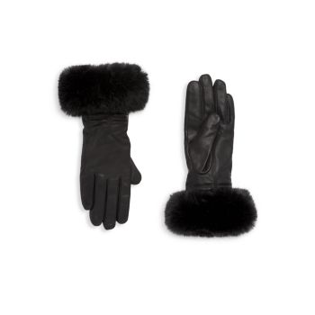 Кожаные перчатки со сборками и отделкой из искусственного меха на кашемировой подкладке Sofia Cashmere
