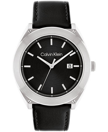 Мужские часы с черным кожаным ремешком 44 мм Calvin Klein