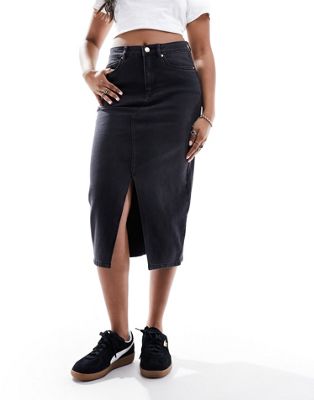 Vero Moda denim midaxi skirt with front split in washed black VERO MODA