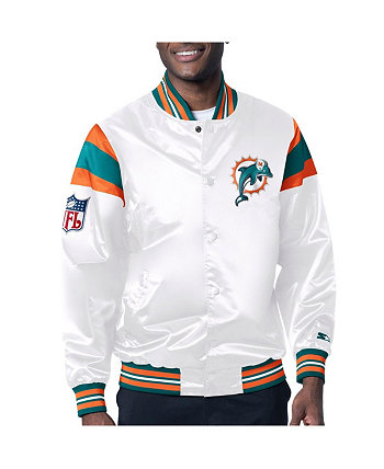 Мужская белая университетская куртка цвета морской волны с потертостями Miami Dolphins из атласа в винтажном стиле Starter