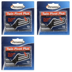 Personna Twin Pivot Plus Refill Blade Cartridges w/ Lubricating Strip for Atra & Trac II Razors 10 ct. (Pack of 3) + Eyebrow Ruler Personna