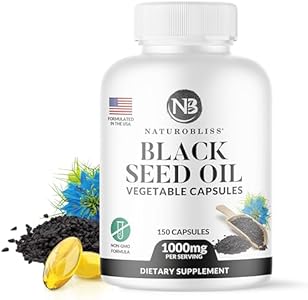 NaturoBliss Black Seed Oil - 150 Softgel Capsules Skin Health (Non-GMO & Vegan) Premium Cold-Pressed Nigella Sativa Producing Pure Black Cumin Seed Oil - 1000mg Per 2 Capsule Serving - 75 Servings NaturoBliss