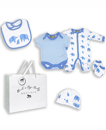 Слоны для новорожденных мальчиков Layette Gift в сетчатом мешке, набор из 5 предметов Rock-A-Bye Baby Boutique