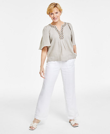 Women's 100% Linen Embellished Split-Neck Top, Created for Macy's Charter Club