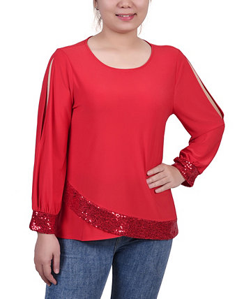 Petite Long Sleeve Knit Top with Sequin Hem NY Collection