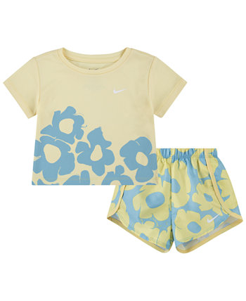 Комплект из футболки и шорт с короткими рукавами и цветочным принтом Dri-Fit для маленьких девочек Nike
